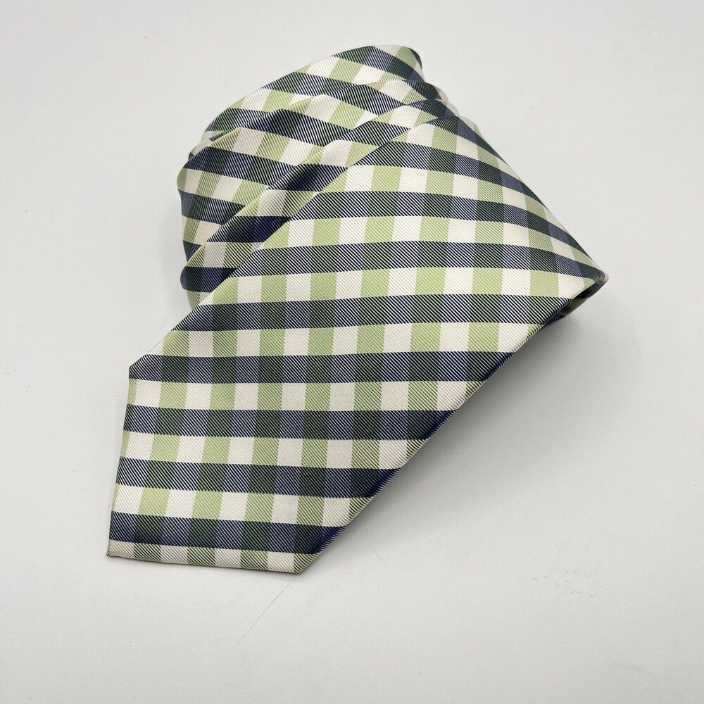 Tommy Hilfiger Men's Troy Plaid Tie Necktie Classic Silk Tie Green And Blue